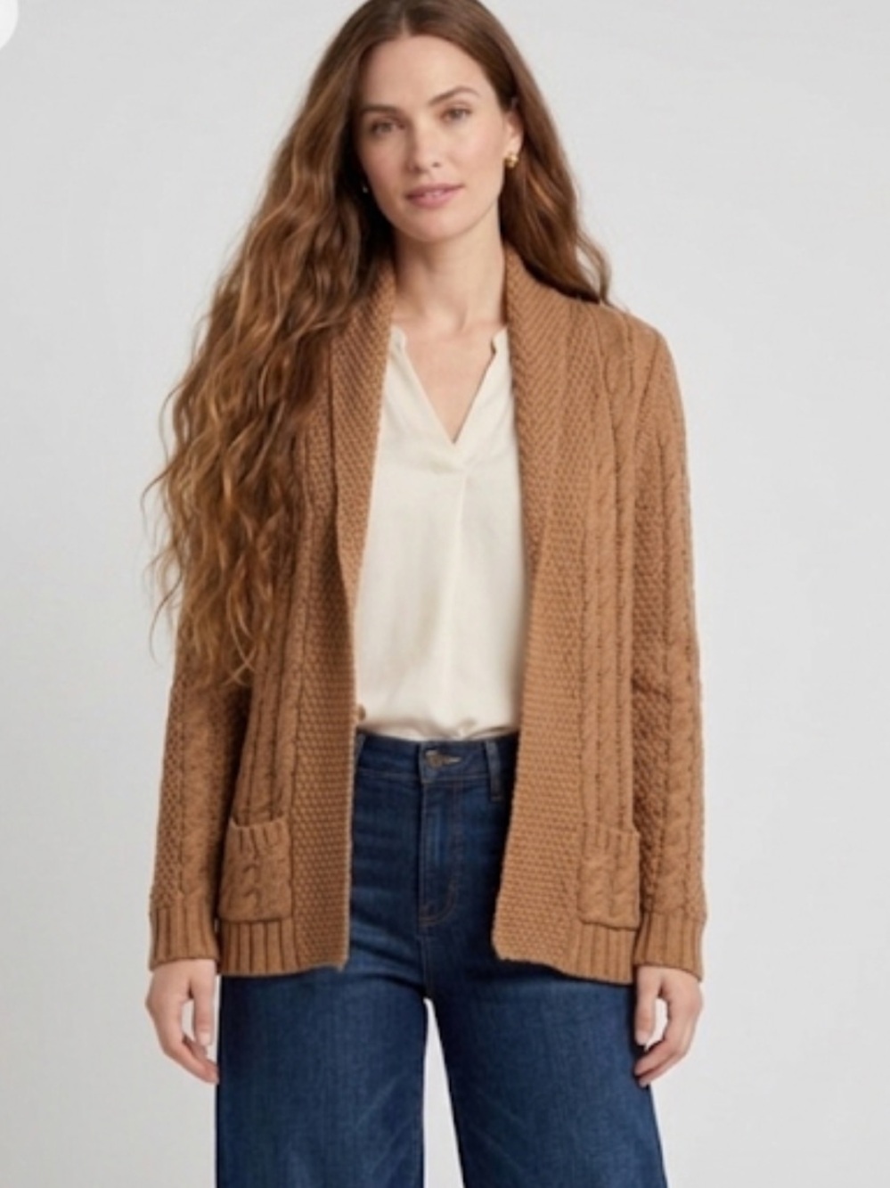 Vintage Talbots Camel Tan Open Front Cable Knit Cardigan Sweater Size Medium